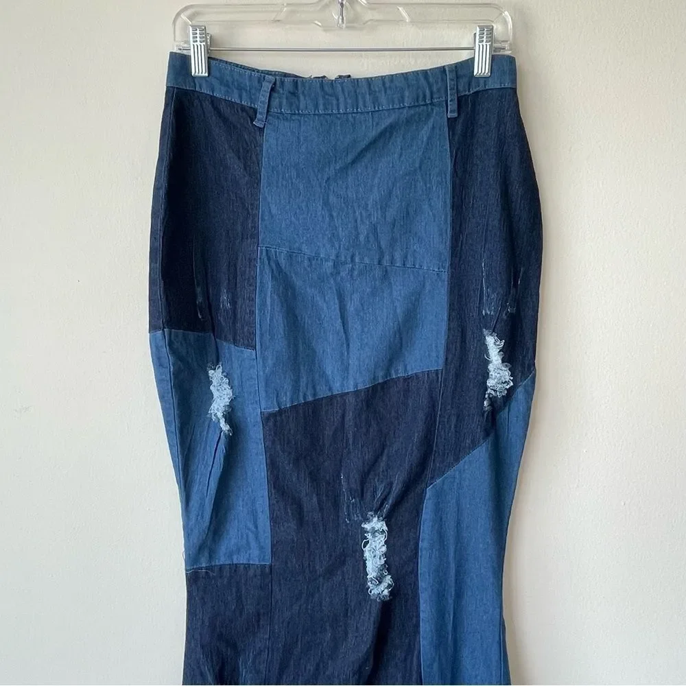 TOUCH ME Patchwork Distressed Denim Jean‎ Maxi Skirt Size large